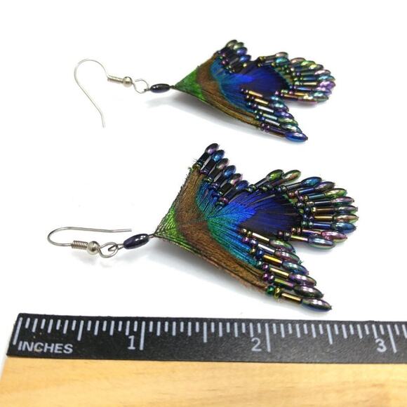 Handmade Peacock Feather Iridescent Glass Seed Beaded Earrings, 3 1/4 Inches - Picture 7 of 7